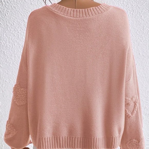 Coral Pink Casual Womens Pearls Heart Detail V-neck Drop Shoulder Sweater - Picture 2 of 5